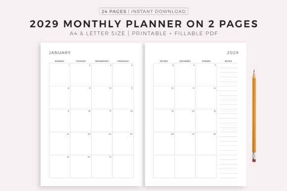 Download 2029 Monthly Planner on Two Pages - 2029 Collection